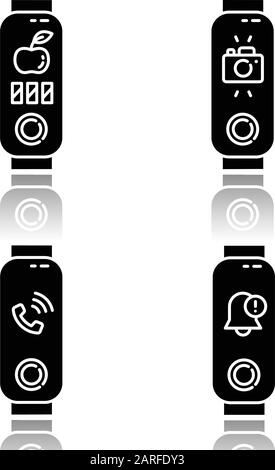 Fitness-Tracker und Smartphone-Synchronisierung setzen schwarze Glyph-Symbole in den Schatten. Option für eingehenden Anruf und Benachrichtigung. Fernzugriff auf die Kamera und di Stock Vektor