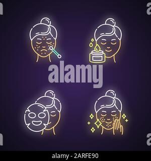 Hautpflegeverfahren Neonlichtsymbole werden eingestellt. Punktbehandlung für Schwärzköpfe. Problematische Haut. Blattmaske. Schönheitswasser. Kosmetik. Dünne Linienkontur sym Stock Vektor