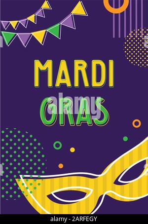 Mardi Gras Party Grußkarte oder Einladungen. Karnevalshintergrund für traditionellen Urlaub oder Festtag mit traditionellen Masken auf abstraktem Hintergrund Stock Vektor