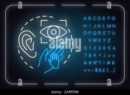 Symbol für das Konzept von Perception Neon Light. Sinnesorgane. Sehen, hören, berühren. Informationsidee erhalten. Äußeres leuchtendes Zeichen mit Alphabet, Zahlen und s Stock Vektor