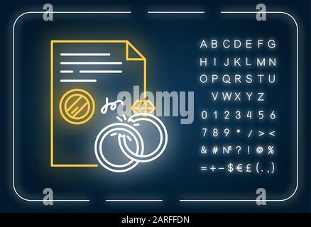 Scheidungs-Neonlicht-Symbol. Formales Ende der Ehe. Rechtliche Trennung. Die Auflösung der Ehe. Aufbruch. Äußere leuchtende Wirkung. Zeichen mit Alphabet, Zahlen Stock Vektor