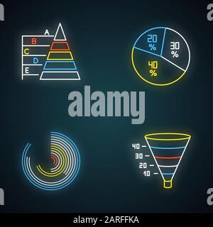 Symbole für die Neonbeleuchtung auf der Karte und in der Grafik festgelegt. Kreisdiagramm. Pyramidendiagramm. Polaruhr. Infografik Trichter. Marketingstrategie für die Umstellung. Geschäftsmodell, Repo Stock Vektor