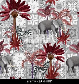Nahtloses Muster mit Elefanten und tropischen Bäumen auf geometrischem Hintergrund. Stock Vektor
