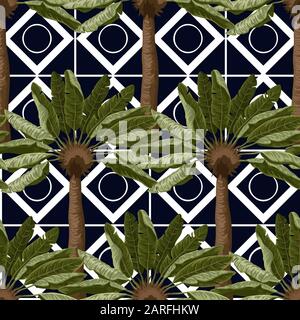 Nahtloses Muster mit Bananenbäumen und geometrischen Elementen. Vektor. Stock Vektor