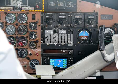 Air seychelles Cockpit, Details vor dem Flugzeug, Mahe Airport, Seychellen. Stockfoto