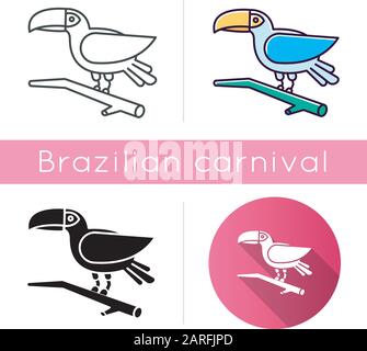 Toucan-Symbole festgelegt. Lineare, schwarze und RGB-Farbstile. Exotischer Vogel. Brasilianische Tierwelt. Tierwelt. Tropische Birdie. Ornithologie. Südamerika Wildtier. Stock Vektor