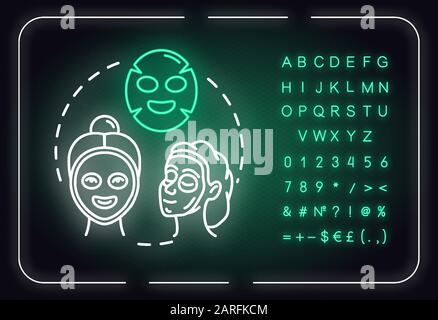 Bilden Sie Masken normales Neon-Licht-Konzeptsymbol. Hautpflege, Spa, Kosmetologie, Schönheitsverfahren Idee. Äußeres leuchtendes Zeichen mit Alphabet, Zahlen und Symbolen. Stock Vektor