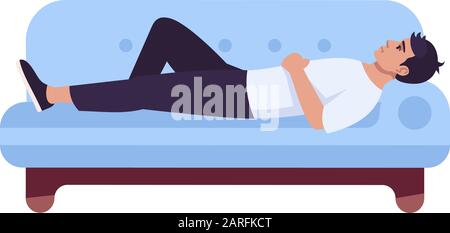 Mann auf Sofa halb flach RGB-Farbvektor-Illustration. Aufgebrachten Kerl, der auf der Couch ruht. Müde, entspannende Person zu Hause. Psychologieberatung. Isolieren Stock Vektor