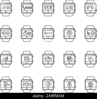 Fitness-Tracker-Funktionen lineare Symbole festgelegt. Smartwatch-Funktionen für Armband und Wellness-Services und Anwendungen.Kontursymbole mit dünnen Linien. Isolat Stock Vektor