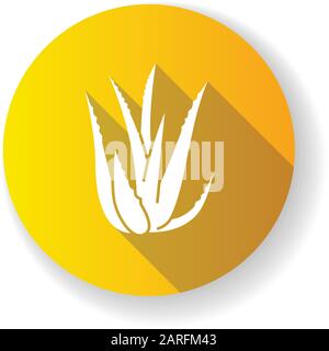 Symbol für langschattenige Glyphe im gelben Design von Aloe vera. Saftig wachsende Sprossen. Kakteenblätter, Dornen. Heilkraut für Hautpflege. Zutat für Org Stock Vektor