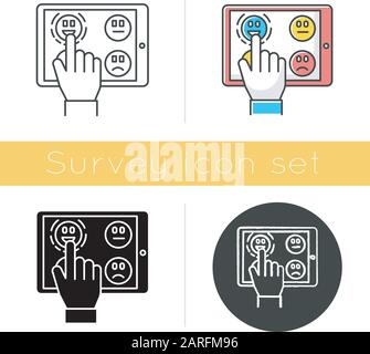Symbol für Online-Umfrage. Feedback weitergeben. Hand, um Emoticon auf dem Tablet-Display auszuwählen. Anonyme Umfrage. Kundenzufriedenheit. Flaches Design, linear und colo Stock Vektor