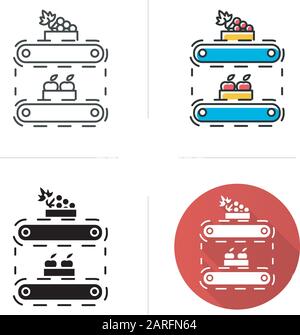Symbol für Obstbau. Äpfel und Trauben in Kisten auf Förderband. Bio-Lebensmittel. Lagerung, Lager, Terminal. Flaches Design, linearer und farbiger Stil Stock Vektor