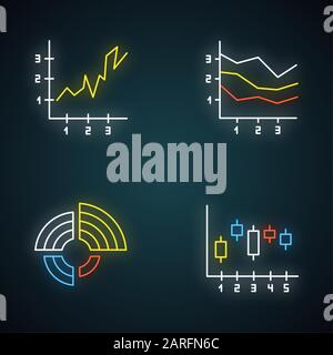 Symbole für die Neonbeleuchtung auf der Karte und in der Grafik festgelegt. Radiales Diagramm mit steigenden Werten. Flächendiagramme mit Segmenten und Abschnitten. Vertikales Streuhistogramm. Glowi Stock Vektor