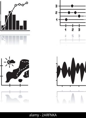 Schwarze Glyph-Symbole für Diagramm und Diagramm für Schlagschatten festgelegt. Temperaturkarte. Punkt- und Figurendiagramm. Gemischtes Diagramm mit Histogramm und linearen Elementen. Vibration Stock Vektor