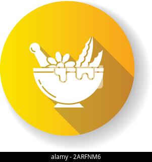 Mörtel mit pfriemgelbem Flachdesign mit langer Schatten-Glyphe-Ikone. Reiben Sie Blätter für Flüssigkeit. Aloe vera sprosst. Heilkräuter und Blumen. Kosmetik an Stock Vektor