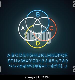 Symbol für Venn-Diagramm für Neonlicht. Runde Chart. Überlappende Kreise. Verflochtener Graph. Marketing, Business. Leuchtendes Zeichen mit Alphabet, Zahlen und Symbol Stock Vektor