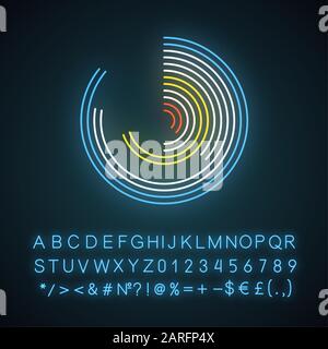 Symbol für Polarwatch-Neonlicht. Informations-Sammeldiagramm. Fortschrittsdiagramm. Rundes Diagramm mit Balken. Forschung. Leuchtende Zeichen mit Alphabet, Zahlen und Stock Vektor