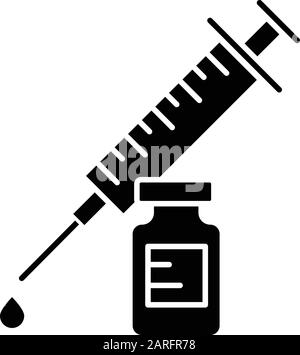 Symbol für Impfung mit Glyphe. Spritze mit Fläschchen. Häufige Vermeidung von Kälte. Impfschuss. Gesundheitswesen. Medikamente und Apotheke. Silhouettensymbol. Negativ Stock Vektor