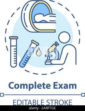 Symbol für ein vollständiges Untersuchungskonzept. Krankheitsuntersuchung. Krankheitsdiagnose. Klinik-Test. Professionelle Laborforschung Idee Thin Line Illustration. Vektorisolat Stock Vektor