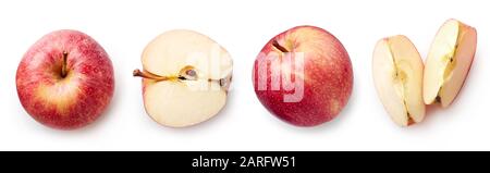 Frischer roter apfel ganz und in Scheiben geschnitten, isoliert auf weißem Hintergrund, Draufsicht Stockfoto