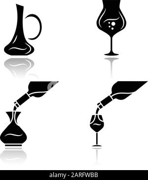 Wine Service Schlagschatten schwarze Glyphe Symbole gesetzt. Alkoholgetränk in Glas. Weingläser, Dekanter. Verschiedene Arten von Bar, Restaurant Aperitif Stock Vektor