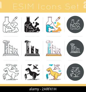 Archäologiesymbole festgelegt. Laborforschung. Untersuchung alter menschlicher und tierischer Knochen. Verlorene Ruinen der Stadt. Spalten. Dinosaurier. Flaches Design, linear, schwarz Stock Vektor