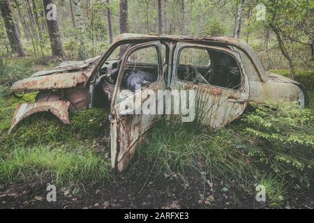 Alter verrosteter und verwitterter Schrottwagen in einem Wald Stockfoto