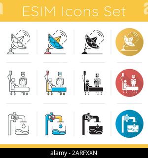 Symbole für Industy-Typen festgelegt. Telekommunikation. Gesundheitswesen. Wassertechnik. Globaler Rundfunk. Getränkeproduktion. Flaches Design, linear, schwarz und c Stock Vektor