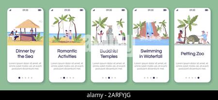 Indonesien Tourismus Onboarding Mobile App Bildschirmvektorvorlage. Tropisches Land. Sehenswürdigkeiten. Schritte auf der Website mit flachen Zeichen durchgehen. UX, UI, Stock Vektor