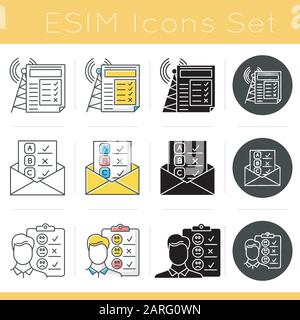 Symbole für Umfragemethoden festgelegt. E-Mail, Umfrage zur Internetverbindung. Interview. Emotionale Meinung. Kundenbewertung. Feedback. Glyphendesign, linear, Kreide und Co Stock Vektor