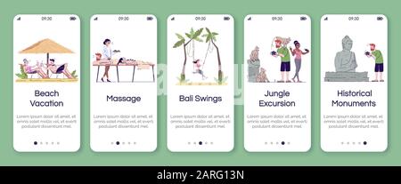 Indonesien Tourismus Onboarding Mobile App Bildschirmvektorvorlage. Sightseeing und Entspannung. Schritte auf der Website mit flachen Zeichen durchgehen. UX, UI, GU Stock Vektor