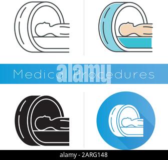 Tomographie-Symbol. Gehirnmessung. Risikokontrolle bei Krebstumoren. Krankheitsdiagnose. Krankheitsuntersuchung. Krankenhausausstattung. Gesundheitsbewertung. Flaches Design, Linie Stock Vektor