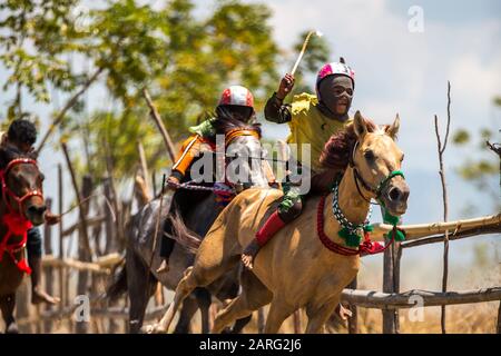 Sumbawa BESAR, INDONESIEN - 21. SEPTEMBER 2017: Traditioneller Pferderennen in Sumbawa Besar, Indonesien. Stockfoto