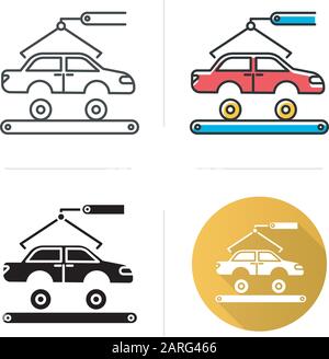 Symbol für die Automobilindustrie. Autoproduktion. Fahrzeugfabrik. Kfz-Reparaturdienste. Automatische Einrichtung mit Kran und Förderband. Flaches Design, linear und Stock Vektor