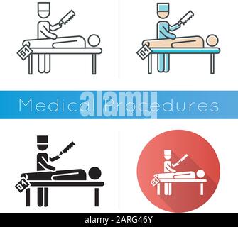 Symbol für Autopsie. Die Disambiguierung Verstorbener Patient. Leiche mit Tag. Körper in Leichenhalle. Todesursache. Medizinisches forensisches Verfahren. Flaches Design, linear und colo Stock Vektor