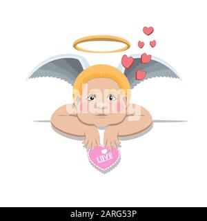 Ein lustiger kleiner Cupid mit einem Halo und Flügeln hält ein Valentinsherz auf einem weißen isolierten Hintergrund. Vektorbild Stock Vektor