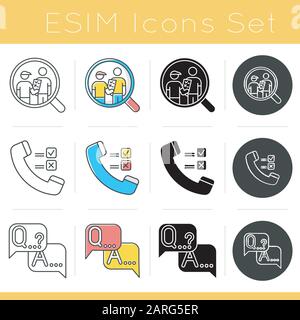 Symbole für Umfragemethoden festgelegt. Fokusgruppe. Telefonumfrage. Interview. Öffentliche Meinung. Kundenbewertung. Feedback. Bewertung. Glyphendesign, linear, Kreide a Stock Vektor