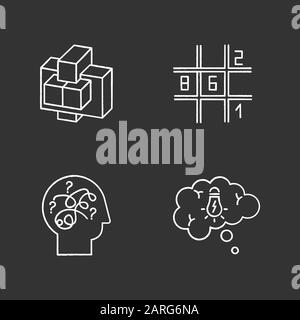 Puzzles und Rätsel Kreidesymbole gesetzt. Sudoku. Verwirrte Meinung. Problemlösung. Gedankenblase. Mechanische Rätsel. Logikspiele. Mentale Bewegung. Hirn te Stock Vektor