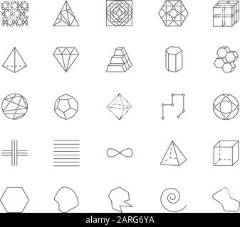 Lineare Symbole für geometrische Figuren festgelegt. Quadrate, Kreise und Dreiecke. Pyramide, Prisma. Abstrakte Formen. Isometrische Formen. Kontursymbole mit dünnen Linien. Isola Stock Vektor