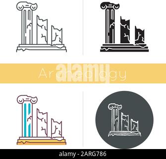 Symbol für antike Ruinen. Gebrochene Spalten. Griechische Säulen. Verlorene Städte und Zivilisationen. Archäozoologie. Unter Denkmalschutz. Flaches Design, linearer und farbiger Styl Stock Vektor