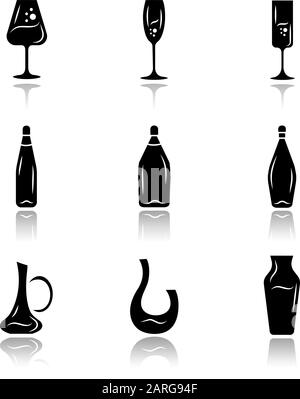 Weingut Glaswaren Schlagschatten schwarze Glyphe Symbole gesetzt. Verschiedene Arten von Wein. Dekanter, Flaschen, Gläser. Aperitifgetränke, Cocktails, Alkoholgetränke Stock Vektor