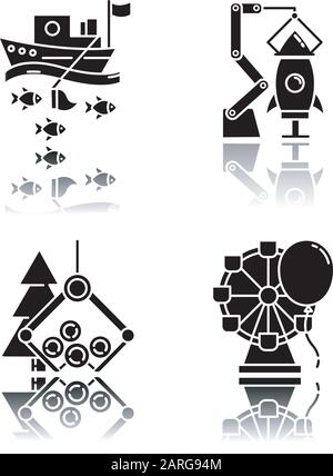 Branchentypen Schlagschatten schwarze Glyphe Symbole gesetzt. Angeln, Luft- und Raumfahrt, Holz, Unterhaltungsbranche. Technologieentwicklung. Waren und Dienstleistungen Stock Vektor