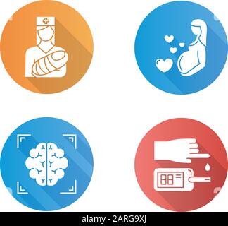 Medizinisches Verfahren flaches Design lange Schatten Glyphe Icons Set. Pädiatrie, Schwangerschaft. Gehirnmessung. Bluttest. Medizinische Hilfe. Mutterschaft. Krankenschwester mit Baby. Stock Vektor