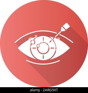 Vision-Korrektur rotes flaches Design langes Schatten-Glyph-Symbol. Medizinischen Verfahren. Gesundheitswesen. Astigmatismusbehandlung. Augenheilkunde. Laserbetrieb. Auge d Stock Vektor