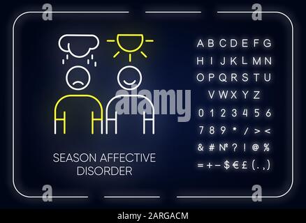 Symbol für die saisonale affektive Störung des Neonlichts. Stimmungsschwung. Emotionale Veränderung. Manische und depressive Episoden. Psychische Gesundheit. Leuchtendes Zeichen mit Alphabet, n Stock Vektor