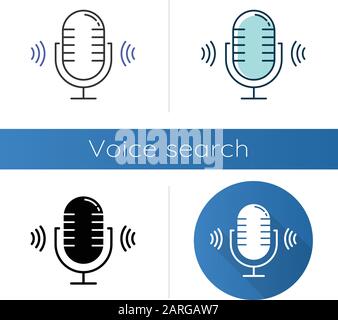 Mikrofonsymbole festgelegt. Voice Scan-Software-Idee. Moderne Tonaufnahmegeräte. Stereofrequenz, Spracherkennung. Lautstärkeverstärker. Linear, schwarz Stock Vektor