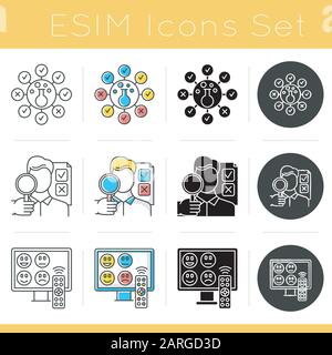 Symbole für Umfragemethoden festgelegt. Chemische Analyse. Expertenumfrage. TV-Senderbewertung. Öffentliche Meinung. Feedback. Bewertung. Glyphendesign, linear, Kreide und c Stock Vektor