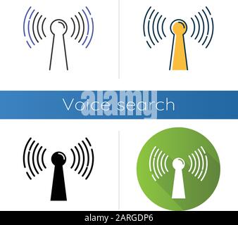 Funksignalsymbole festgelegt. Idee für eine drahtlose Verbindung. Schallwellen, Audioübertragung. Hardware, Ausrüstung, Technologie. Abdeckungsbereich. Linear, schwarz und c Stock Vektor