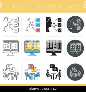 Symbole für Umfragemethoden festgelegt. Kunden-Audiopreview. Interview. Online-Umfrage. Feedback. Bewertung. Datenerfassung. Soziologie. Glyphendesign, linear, Kreide Stock Vektor
