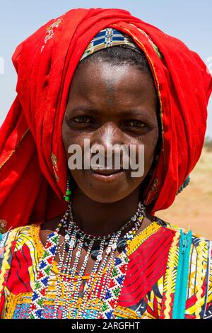 Farbenfroh gekleidete Frau reist mit einer Karawane von Peul-Nomaden und ihren Tieren in die Sahelzone Nigers, Westafrika, Afrika Stockfoto